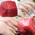 牛肉、鶏肉、馬肉、魚肉の新鮮な生肉（100％）使用